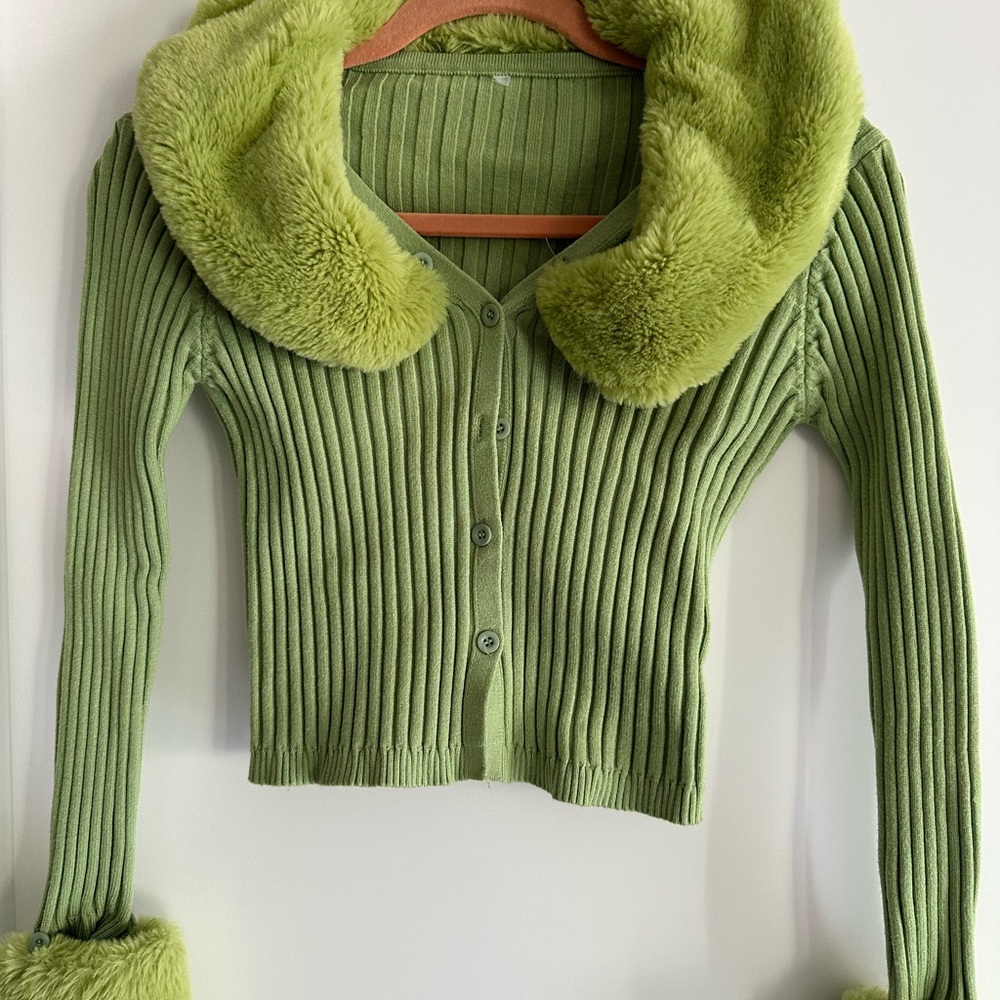 Green Ribbed Cardigan with Faux Fur Trim